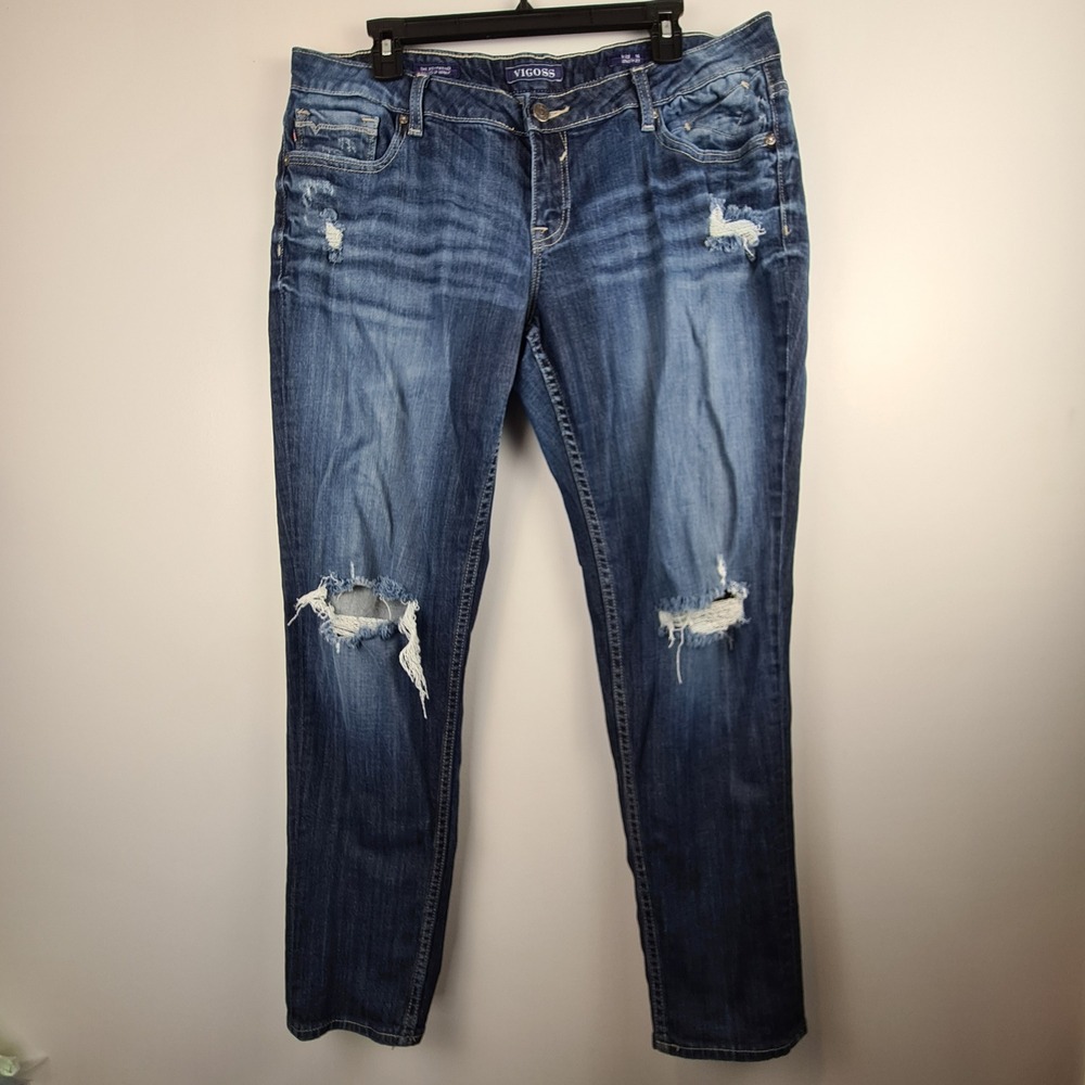 Vigoss‎ The Boyfriend Rolled Up Skinny Distressed Jeans Size 16 Medium Wash